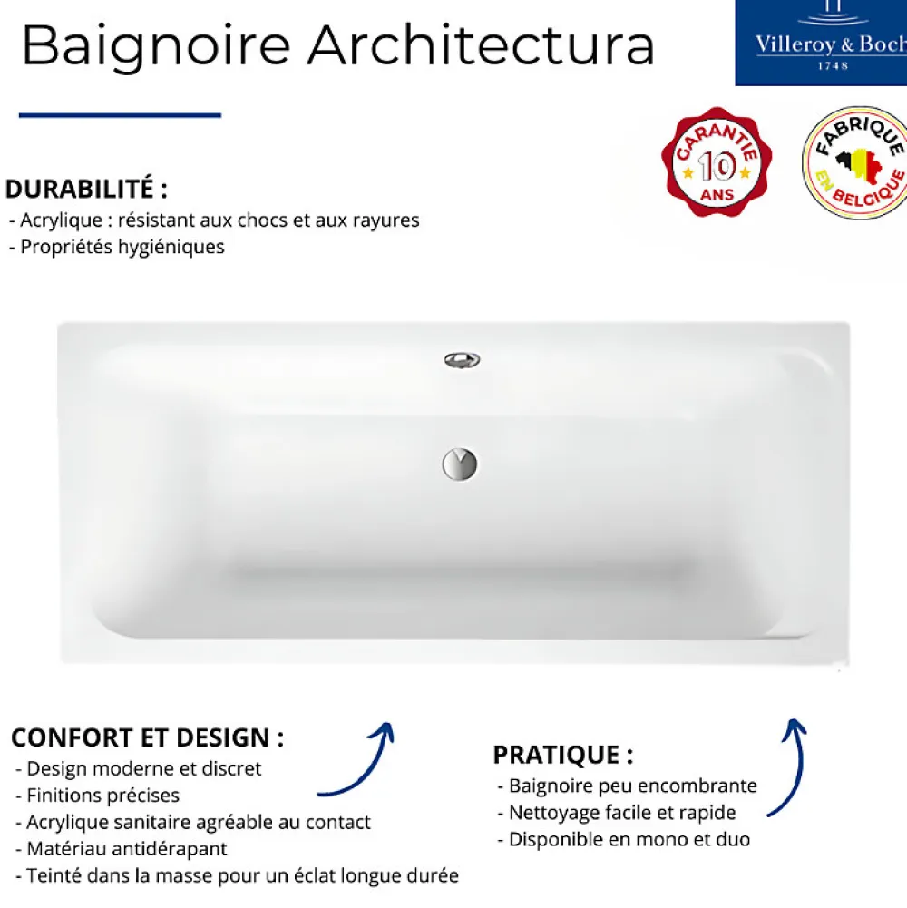 Baignoire Droite|Villeroy & Boch Baignoire droite Architectura acrylique 190 x 90 cm + Pare bain gauche AURYS Raywall Noir mat