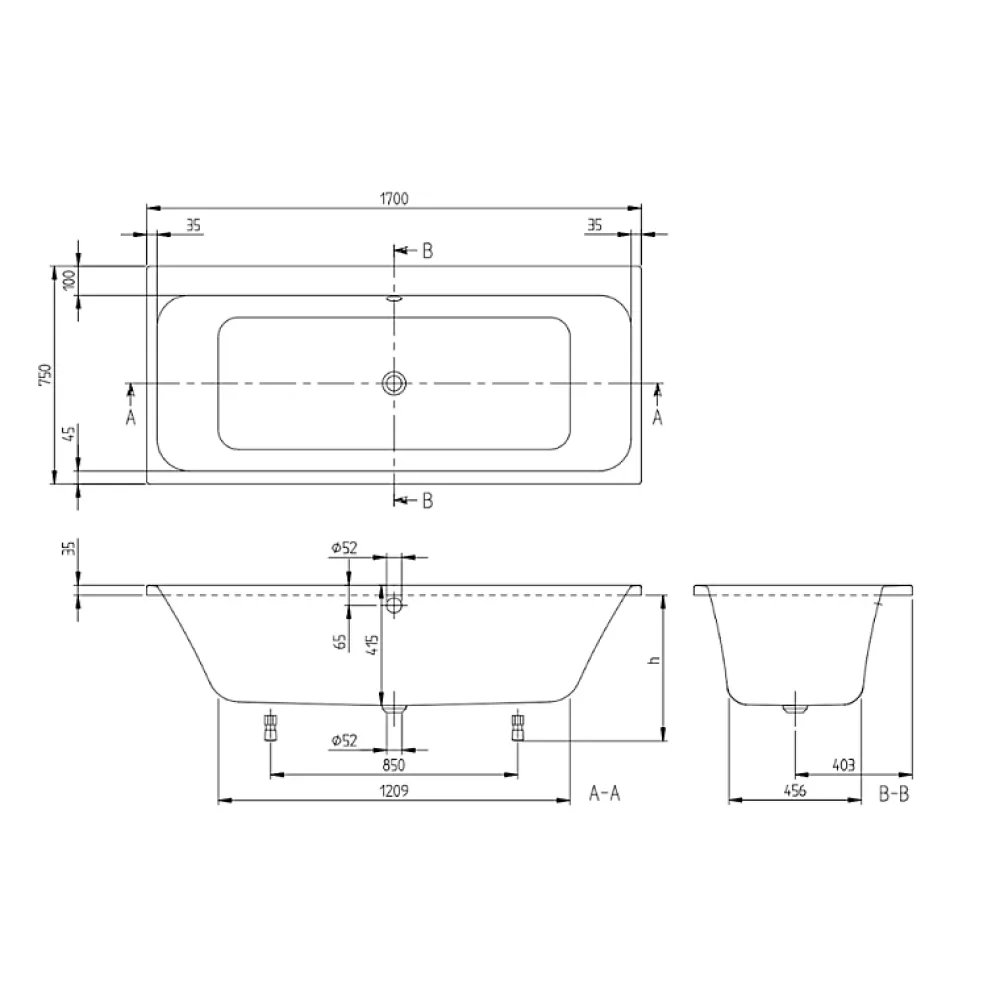 Villeroy & Boch Baignoire droite Architectura avec pieds 170 x 75 cm Blanc + Pare bain gauche AURYS Raywall chromé