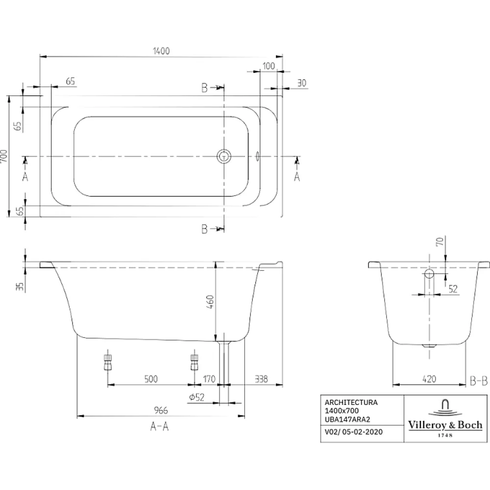 Villeroy & Boch Baignoire droite Architectura acrylique 140 x 70 cm + Pare bain droite AURYS Raywall Noir mat