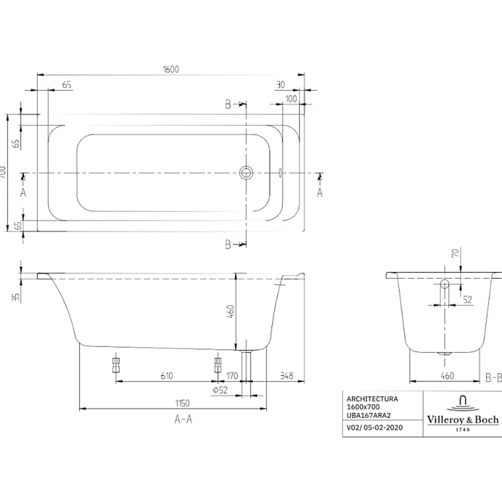 Villeroy & Boch Baignoire droite Architectura acrylique 160 x 70 cm + Pare bain gauche AURYS Mist 1 chromé