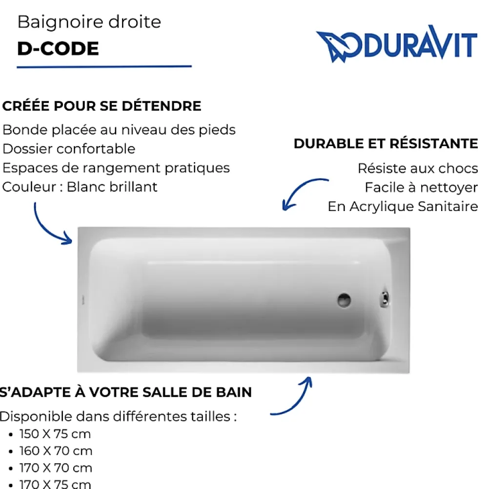 Baignoire Droite|Duravit Baignoire droite 170x70 D-Code