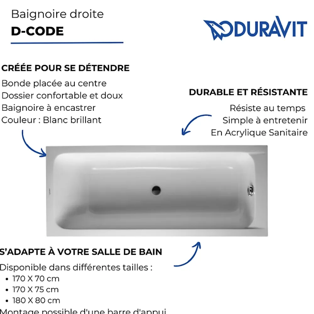 Duravit Baignoire droite 180x80 D-Code bonde au centre