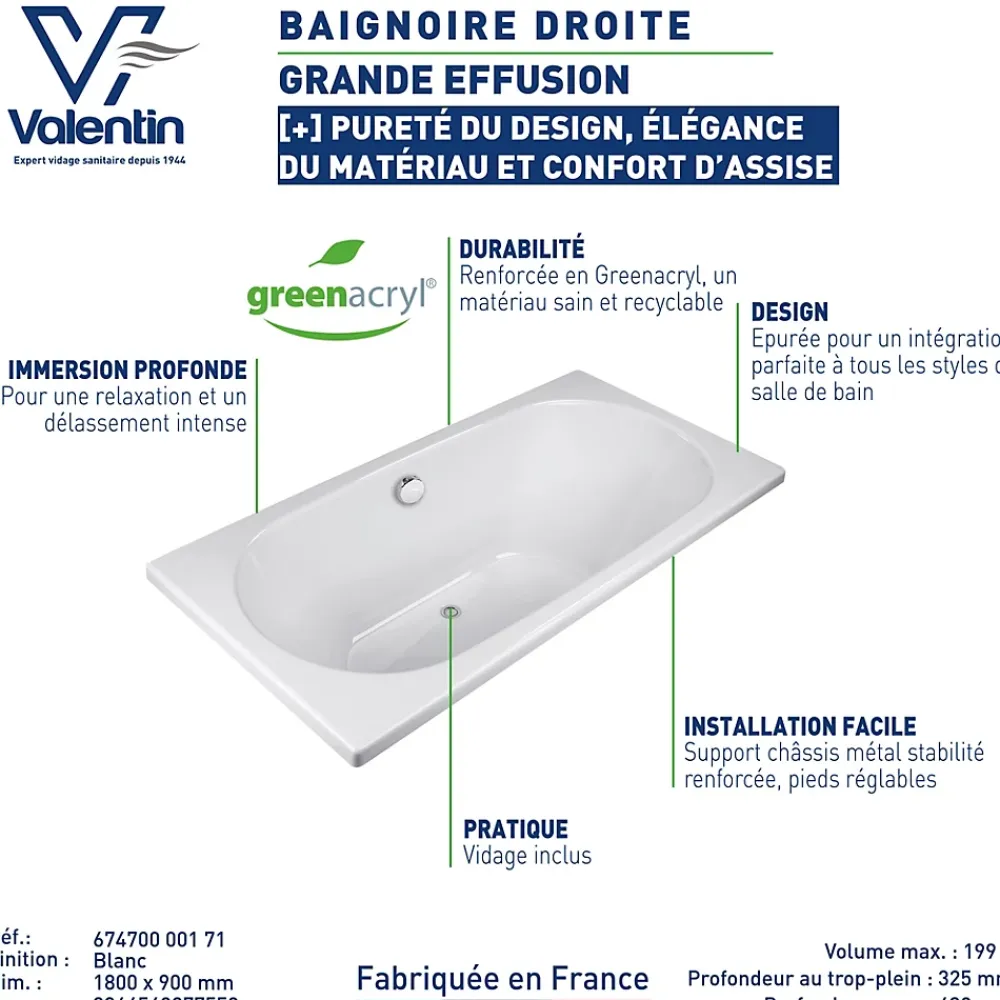 Valentin Baignoire Effusion 180 x 90 cm sans tablier