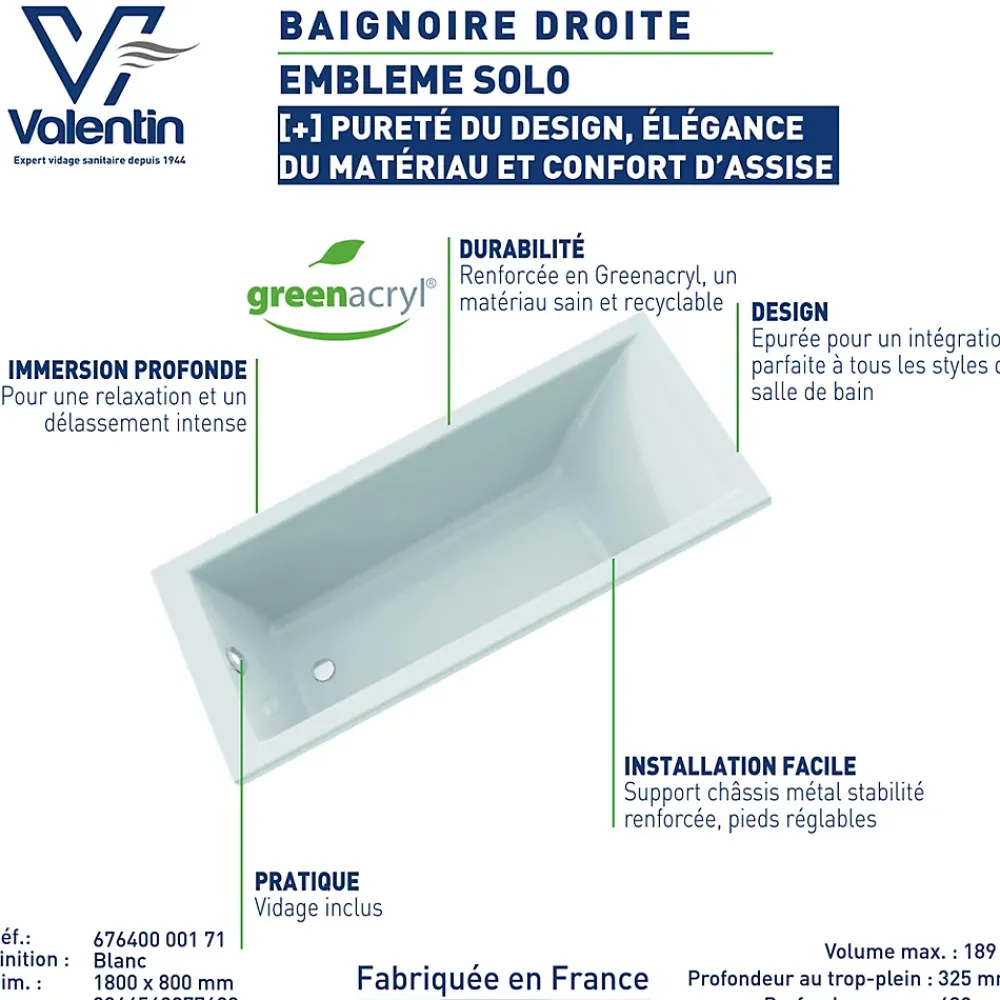 Valentin Baignoire Embleme solo 170 x 75 cm sans tablier
