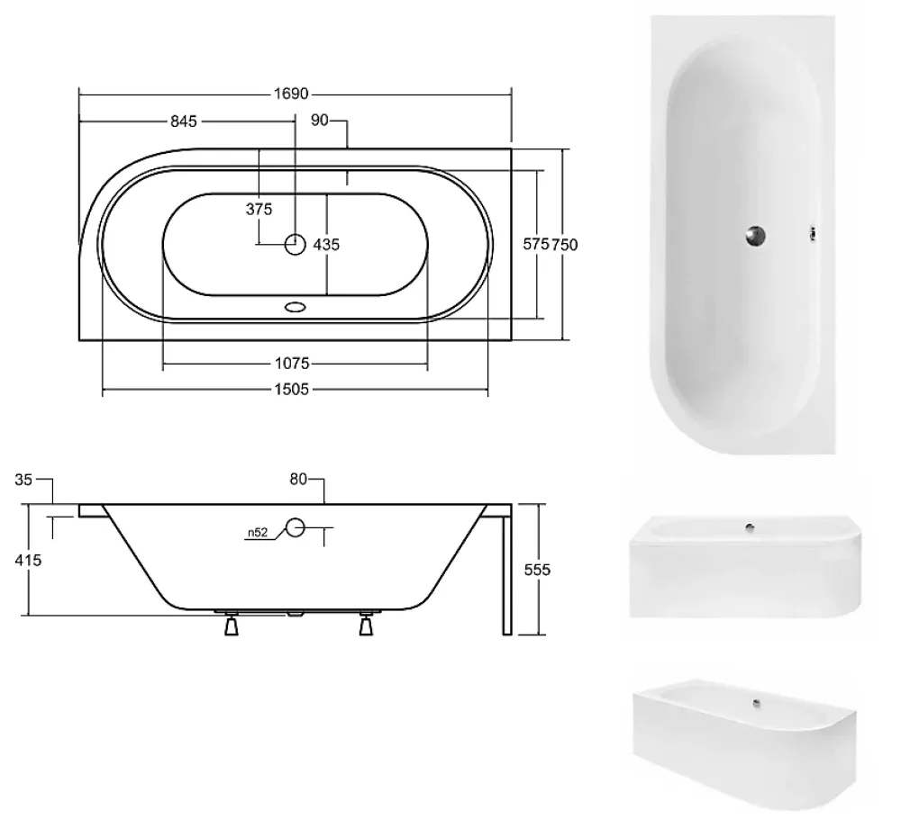 Azura Home Design Baignoire HILIO GAUCHE avec tablier - 170cm