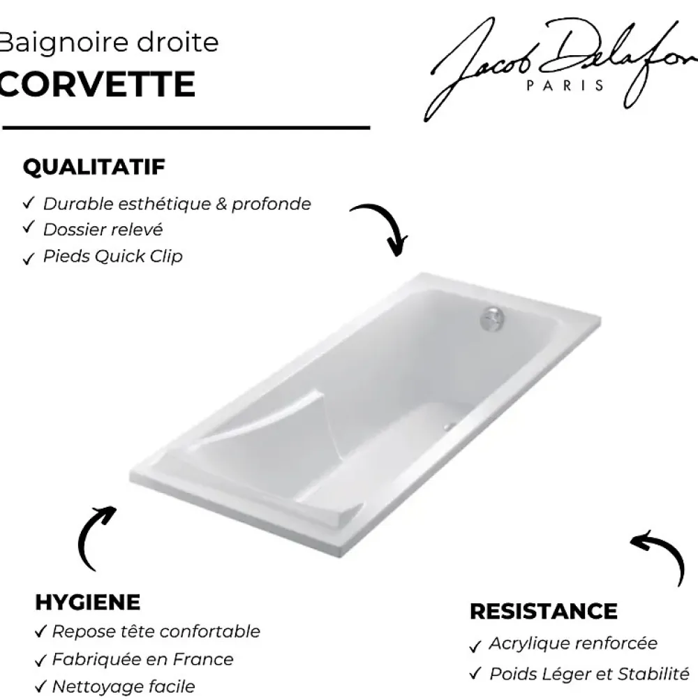 Baignoire Droite|Jacob Delafon Baignoire Corvette 160x70 cm + Pare bain