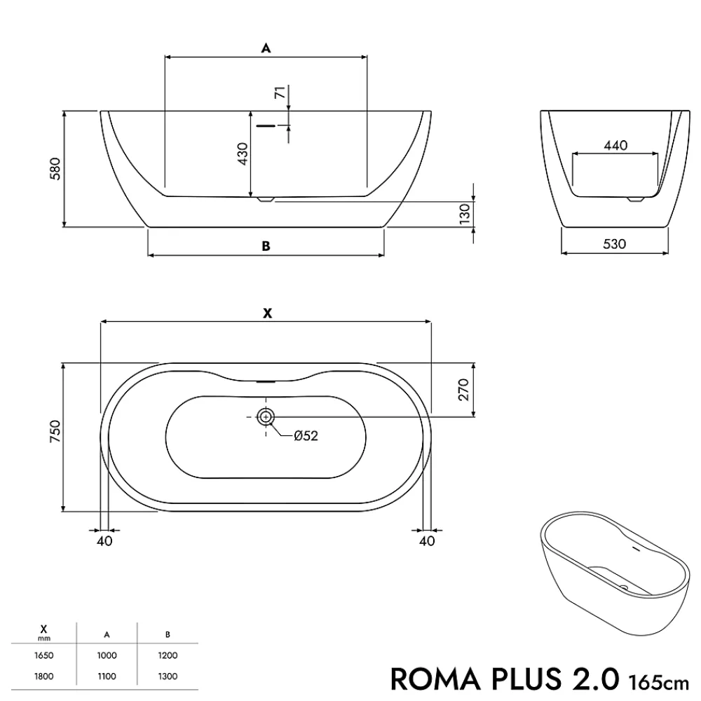 Baignoire Îlot|Bernstein Baignoire îlot Acrylique ovale 180x75x58cm Blanc mat + Bonde et trop plein - ROMA PLUS 2.0