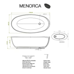 Baignoire Îlot|Poalgi Baignoire îlot blanche Solid Surface 170x80x51 cm inclus tablette - modèle MENORCA