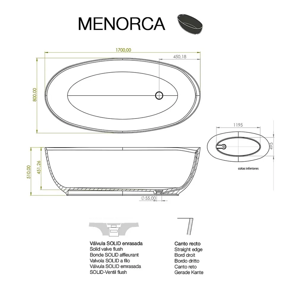 Baignoire Îlot|Poalgi Baignoire îlot blanche Solid Surface 170x80x51 cm inclus tablette - modèle MENORCA