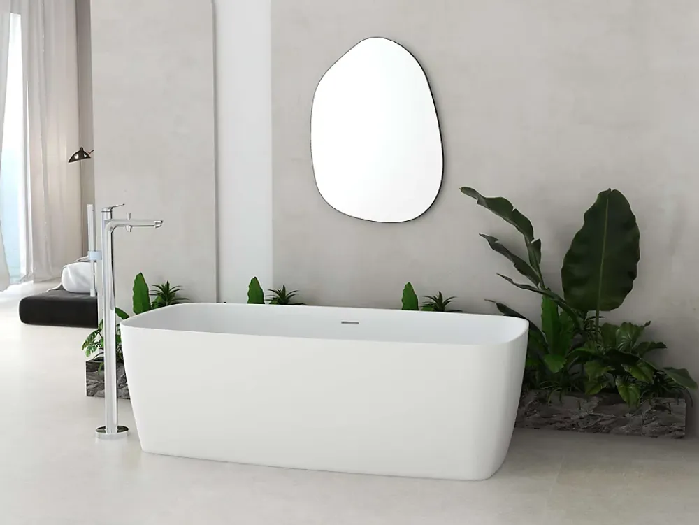 Baignoire Îlot|Poalgi Baignoire îlot blanche Solid Surface 170x80x50 cm inclus tablette - modèle KABU