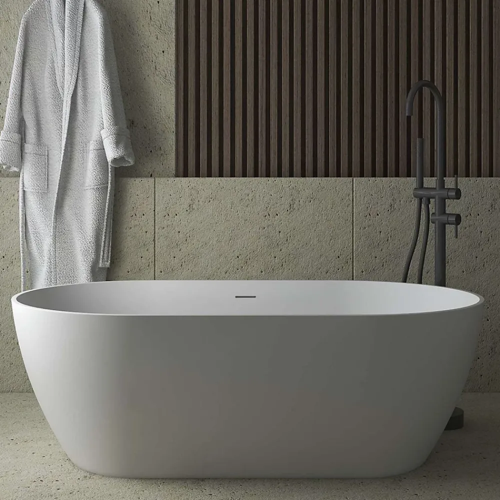 Baignoire Îlot|Poalgi Baignoire îlot blanche Solid Surface 157x80x52,5 cm inclus tablette - modèle SHIRO