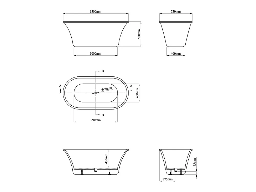 Vente-unique Baignoire îlot design - 193 L - 150 x 75 x 58 cm - Blanche - NOEMIE II