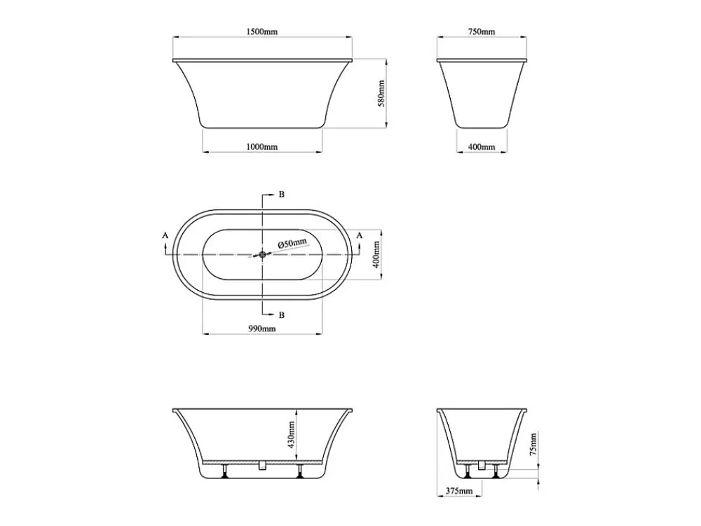 Vente-unique Baignoire îlot design - 193 L - 150 x 75 x 58 cm - Blanche - NOEMIE II