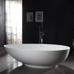 Bernstein Baignoire îlot Design en fonte minérale VIGO - blanc mat - Avec robinet mitigeur 1521, Sans siphon, 170x85cm