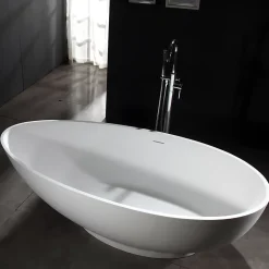 Baignoire Îlot|Bernstein Baignoire îlot Design en fonte minérale VIGO - blanc mat - Avec robinet mitigeur 1521, Sans siphon, 150x75cm