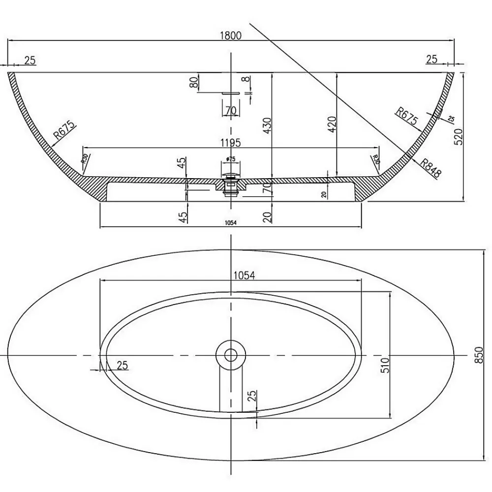 Baignoire Îlot|Bernstein Baignoire îlot en fonte minérale (fonte minérale) RIO STONE - 180x85x52cm - Sans robinet ni siphon, Blanc mat