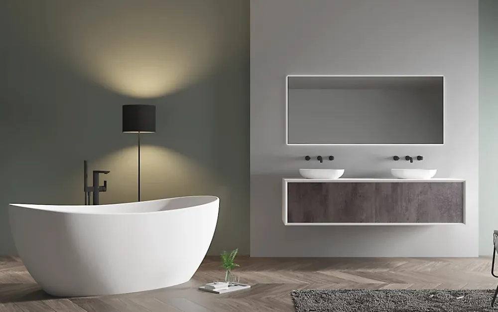 Bernstein Baignoire îlot en fonte minérale HAWAII STONE - 180x85cm - Avec robinet mitigeur 8028, Sans siphon, Blanc brillant
