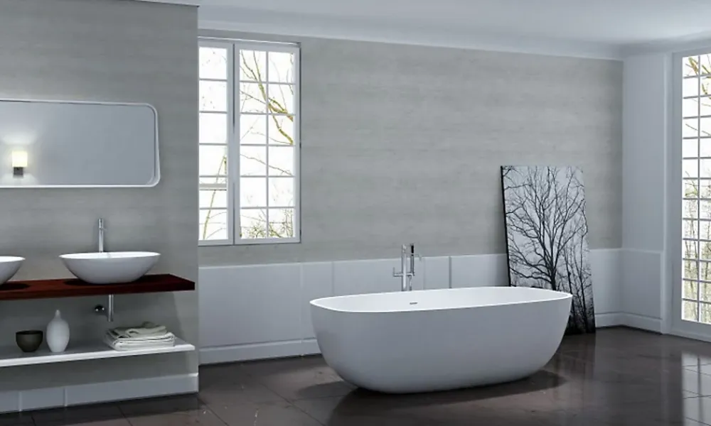 Bernstein Baignoire îlot en fonte minérale, OCEAN STONE - 180x87cm - Avec robinet mitigeur 8028, Avec siphon, Blanc mat