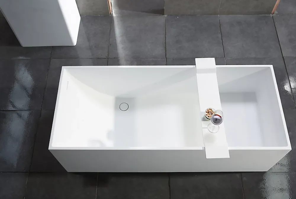 Baignoire Îlot|Bernstein Baignoire îlot en fonte minérale 170x72x55cm Blanc mat - LUNA STONE + siphon + robinet sur pied 1523C
