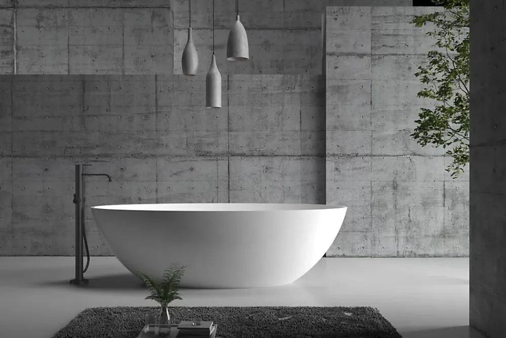 Baignoire Îlot|Bernstein Baignoire îlot en fonte minérale (fonte minérale) RIO STONE - 180x85cm - Avec siphon, Blanc mat, Avec robinet mitigeur 8028B