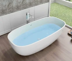 Baignoire Îlot|Bernstein Baignoire îlot en fonte minérale, OCEAN STONE - 180x87cm - Avec robinet mitigeur 8028, Sans siphon, Blanc mat