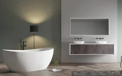Bernstein Baignoire îlot en fonte minérale HAWAII STONE - 180x85cm - Avec robinet mitigeur 1521, Sans siphon, Blanc brillant
