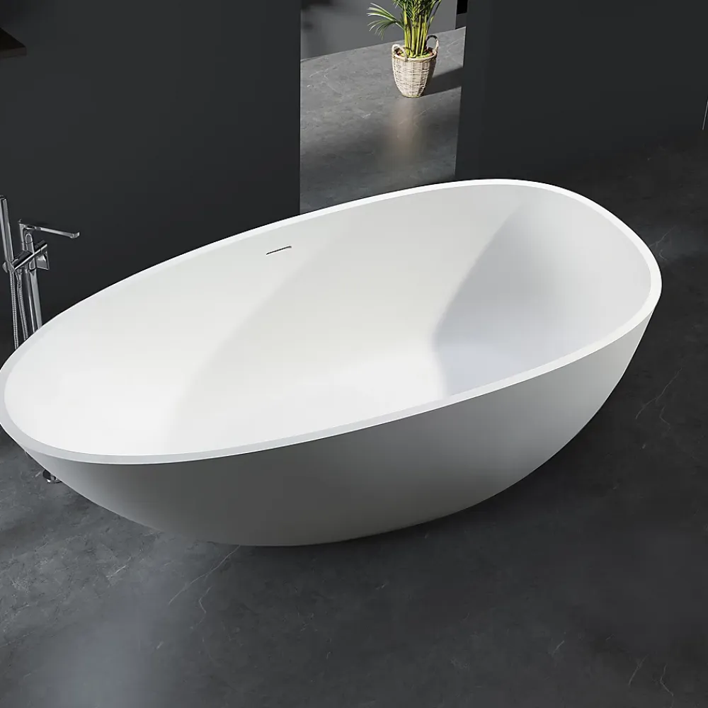 Baignoire Îlot|Bernstein Baignoire îlot en fonte minérale VELA STONE - blanc mat, 180x90cm - Avec robinet mitigeur 8028, Avec siphon