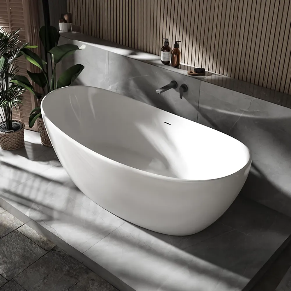 Baignoire Îlot|Bernstein Baignoire îlot Fonte minérale ovale 180x85x64cm + bonde et trop plein - Blanc brillant - HAWAII STONE