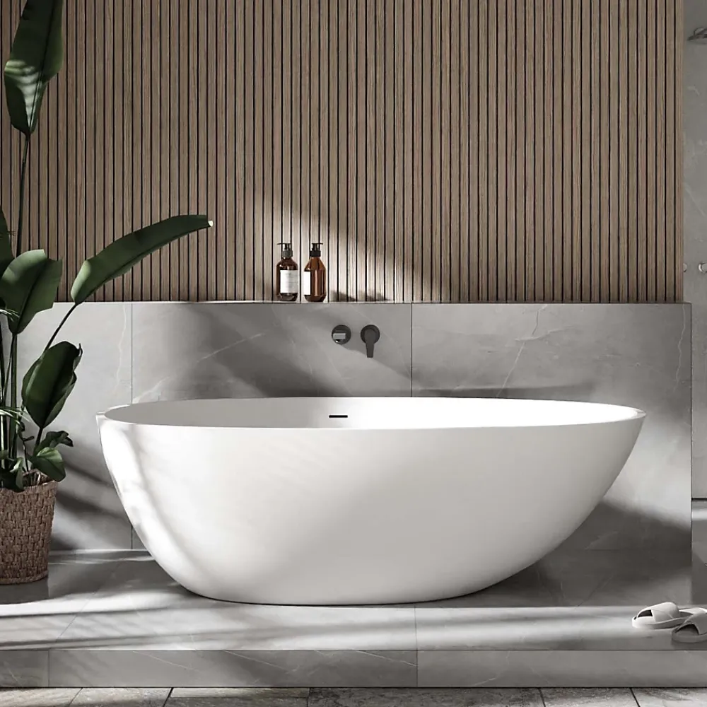 Baignoire Îlot|Bernstein Baignoire îlot fonte minérale ovale autoportante Moderne avec bonde - 170x86x54cm - VELA Blanc mat
