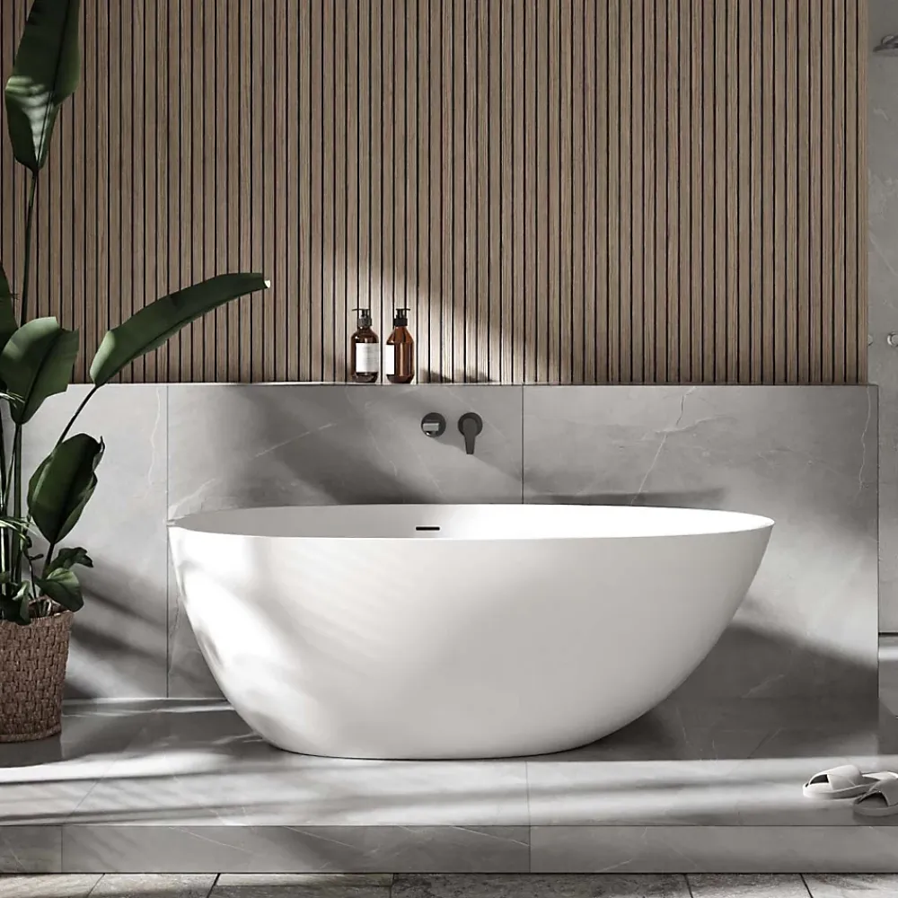 Baignoire Îlot|Bernstein Baignoire îlot fonte minérale ovale autoportante Moderne avec bonde - 150x75x54cm - VELA Blanc mat