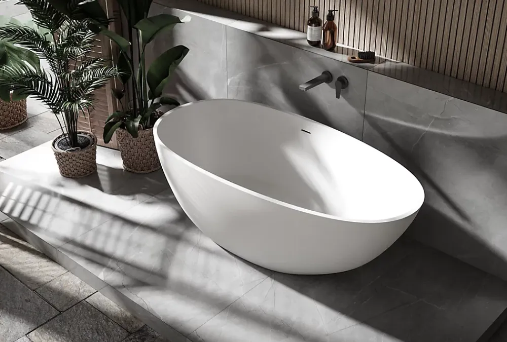 Baignoire Îlot|Bernstein Baignoire îlot fonte minérale ovale autoportante Moderne avec bonde - 150x75x54cm - VELA Blanc mat