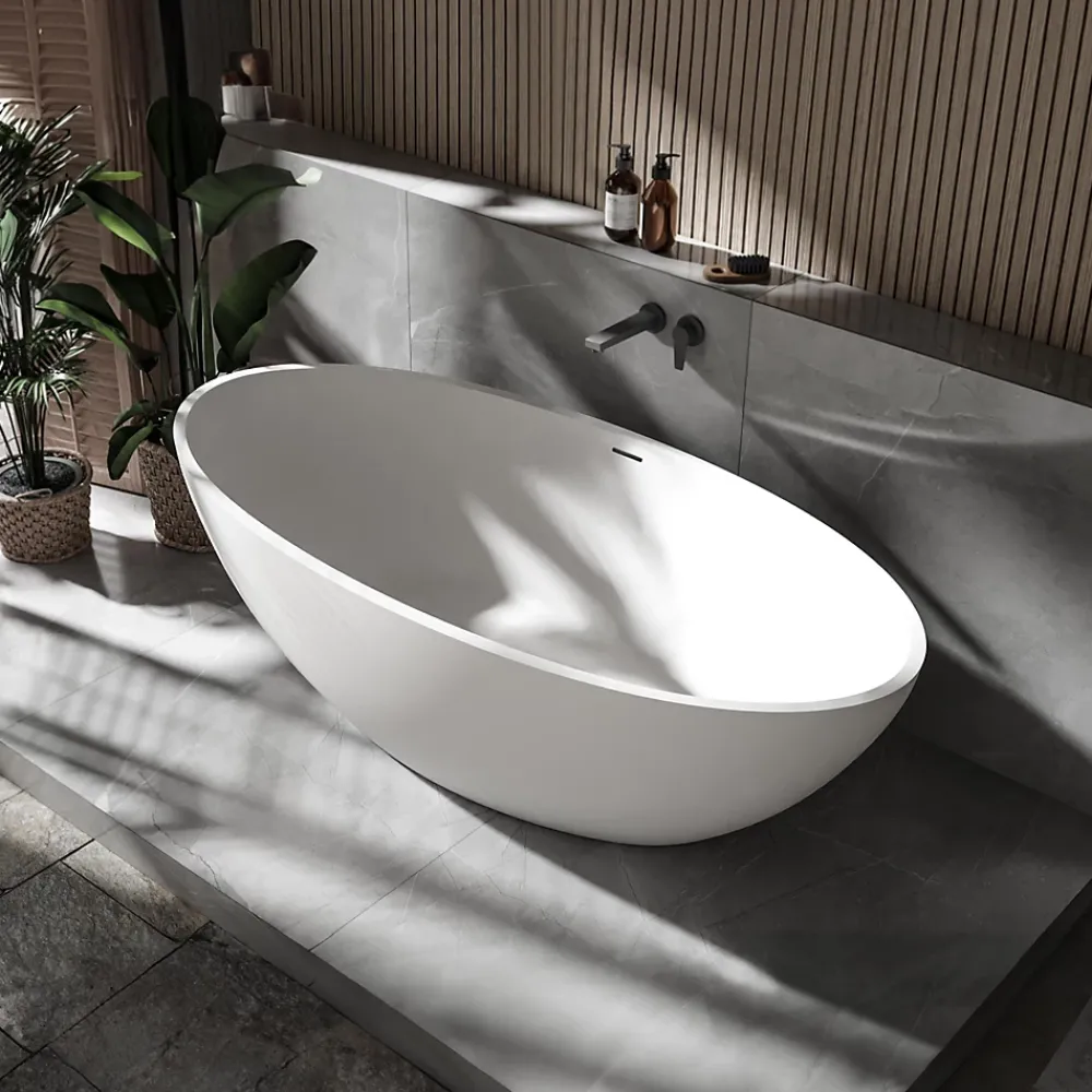 Bernstein Baignoire îlot fonte minérale Ovale Moderne pour Salle de Bain avec Bonde et trop plein - 180x85x52cm - RIO STONE - Blanc Mat