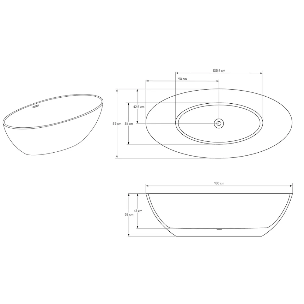 Bernstein Baignoire îlot fonte minérale Ovale Moderne pour Salle de Bain avec Bonde et trop plein - 180x85x52cm - RIO STONE - Blanc Mat