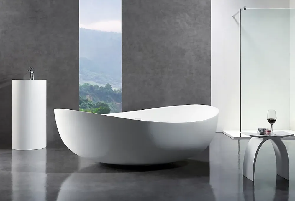 Baignoire Îlot|Bernstein Baignoire îlot fonte minérale, Solide Surface, WAVE blanc, 180x110cm, Blanc haute brillance