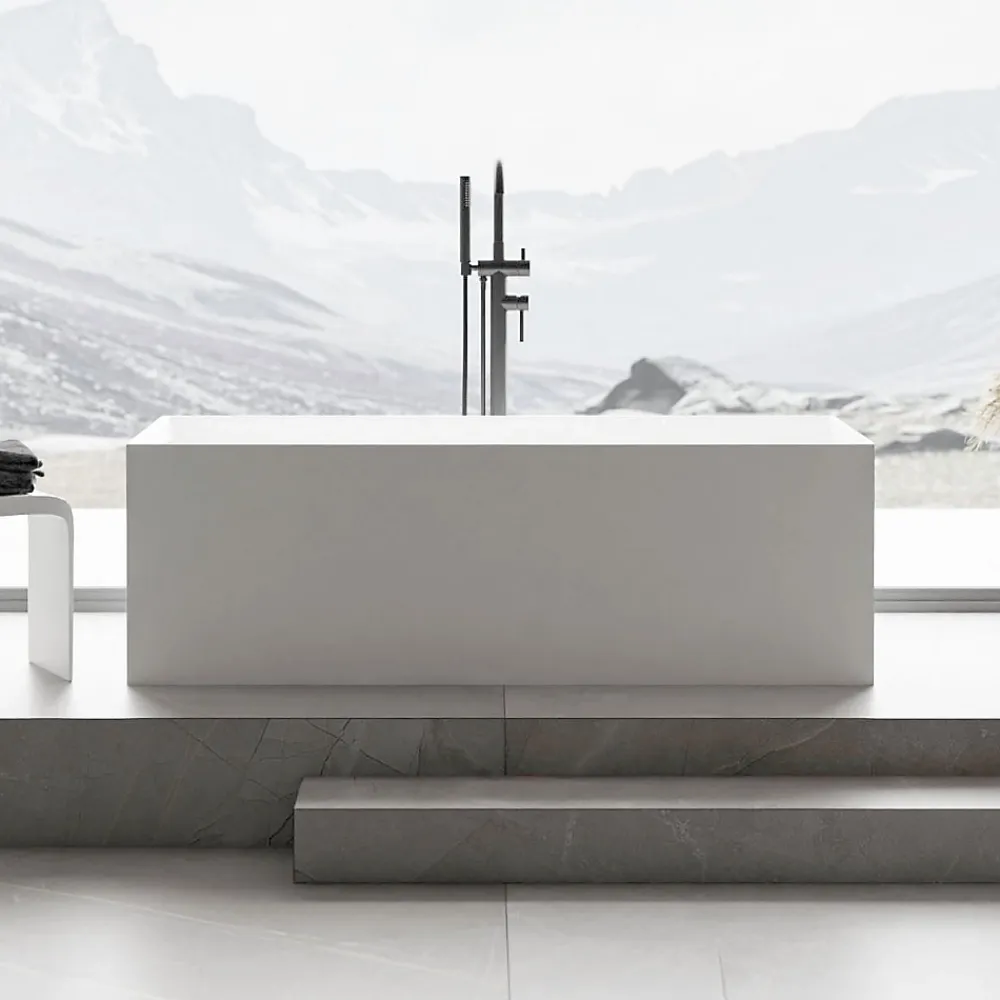 Baignoire Îlot|Bernstein Baignoire îlot Fonte minérale rectangulaire 170x72x55cm + bonde pop-up et trop plein - Blanc mat - LUNA