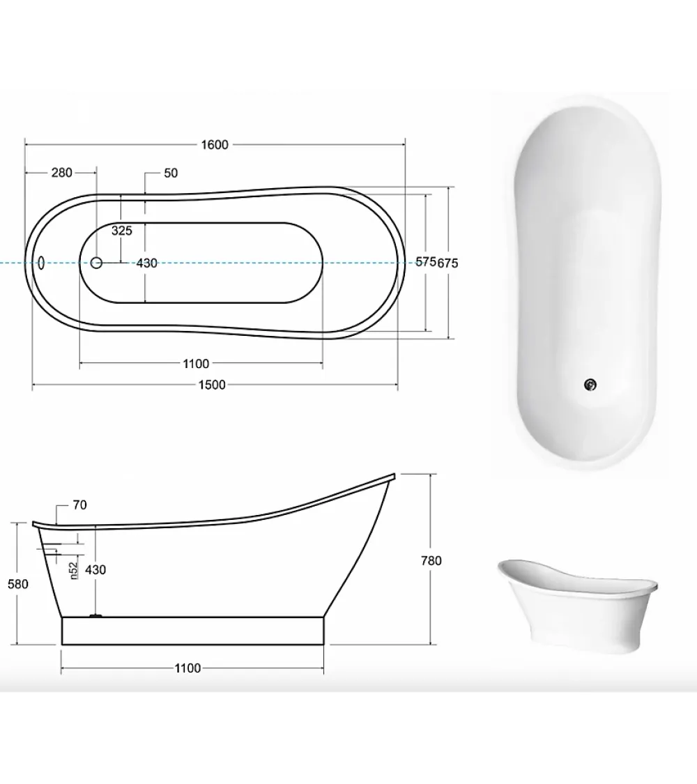 Baignoire Îlot|Azura Home Design Baignoire îlot GLORIA - 160 x 68 cm
