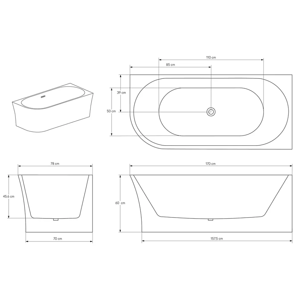 Baignoire D'Angle|Bernstein Baignoire îlot NOVA CORNER acrylique blanc - montage droite -170x78cm - Garantie 5 ans - Sans siphon, Avec robinet mitigeur 1523C
