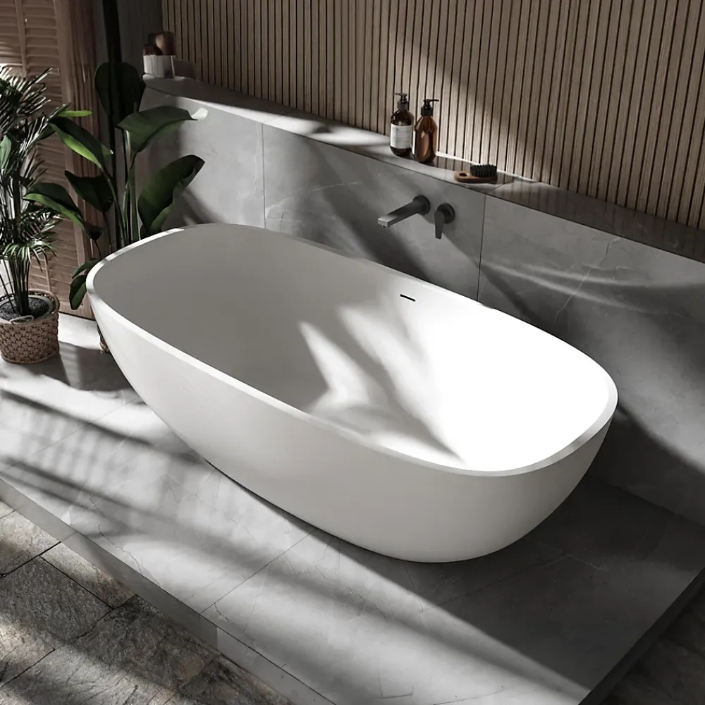 Bernstein Baignoire îlot ovale moderne 180x87x54cm Blanc mat fonte minérale, isolation thermique - OCEAN STONE - Sans Robinet ni siphon