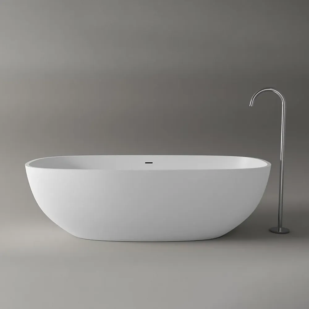Bernstein Baignoire îlot ovale moderne 180x87x54cm Blanc mat fonte minérale, isolation thermique - OCEAN STONE - Sans Robinet ni siphon