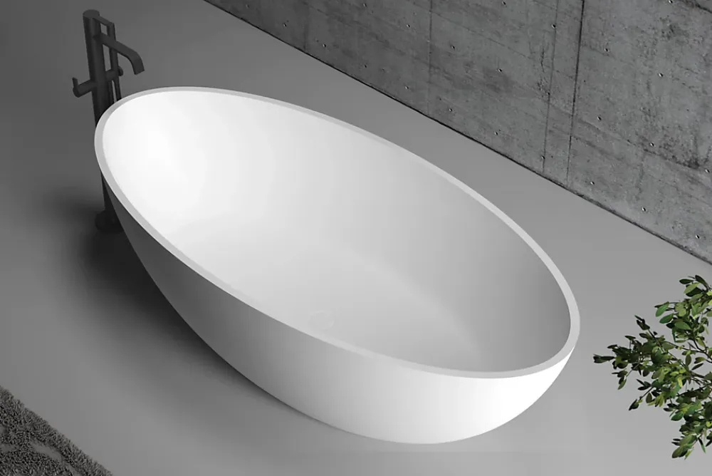 Baignoire Îlot|Bernstein Baignoire îlot ovale 180x85x52cm Blanc mat fonte minérale, isolation thermique - RIO STONE + robinet sur pied 8028, Sans siphon