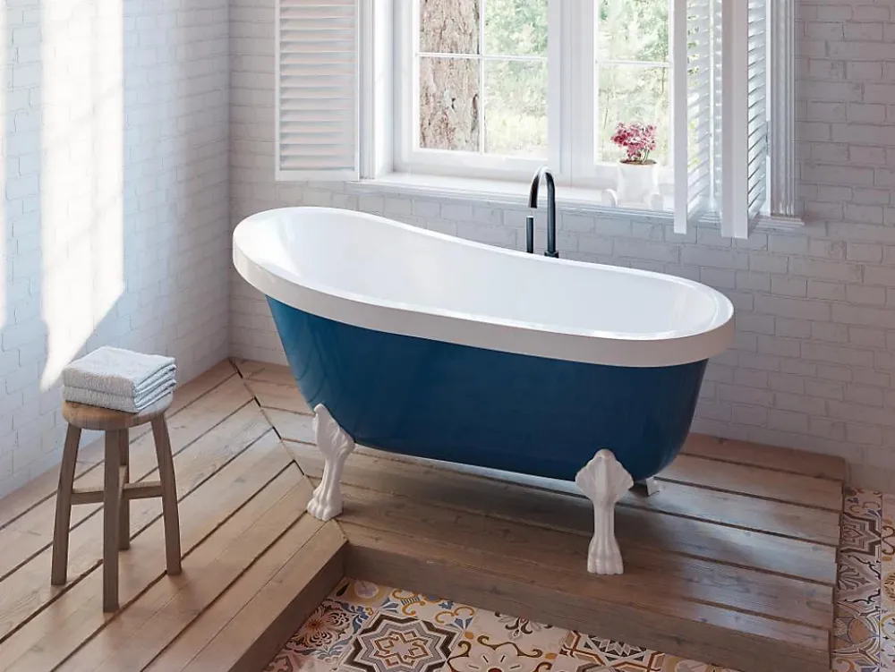 Vente-unique Baignoire îlot rétro avec pieds de lion blancs - 200 L - 145 x 74 x 77 cm - Bleu - NISOS II