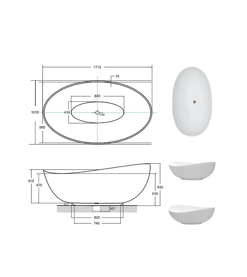 Azura Home Design Baignoire îlot SIYA 172 x 100 cm