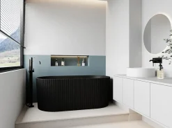 Baignoire Îlot|Vente-unique Baignoire îlot striée en acrylique - Noir mat - 220L - 150 x 75 x 58 cm - ALIENA