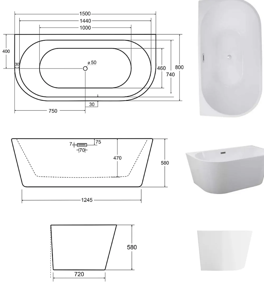 Baignoire Îlot|Azura Home Design Baignoire îlot VICA GLAM GRAPHITE 80 cm - 150cm