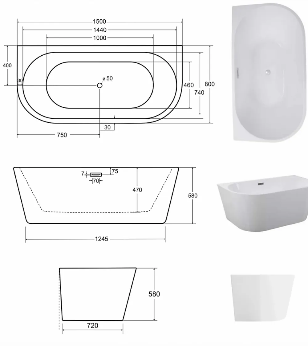 Baignoire Îlot|Azura Home Design Baignoire îlot VICA GLAM GRAPHITE 80 cm - 150cm