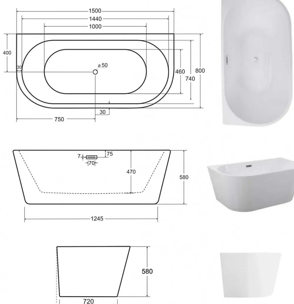 Azura Home Design Baignoire îlot VICA GLAM SILVER 80 cm - 150cm