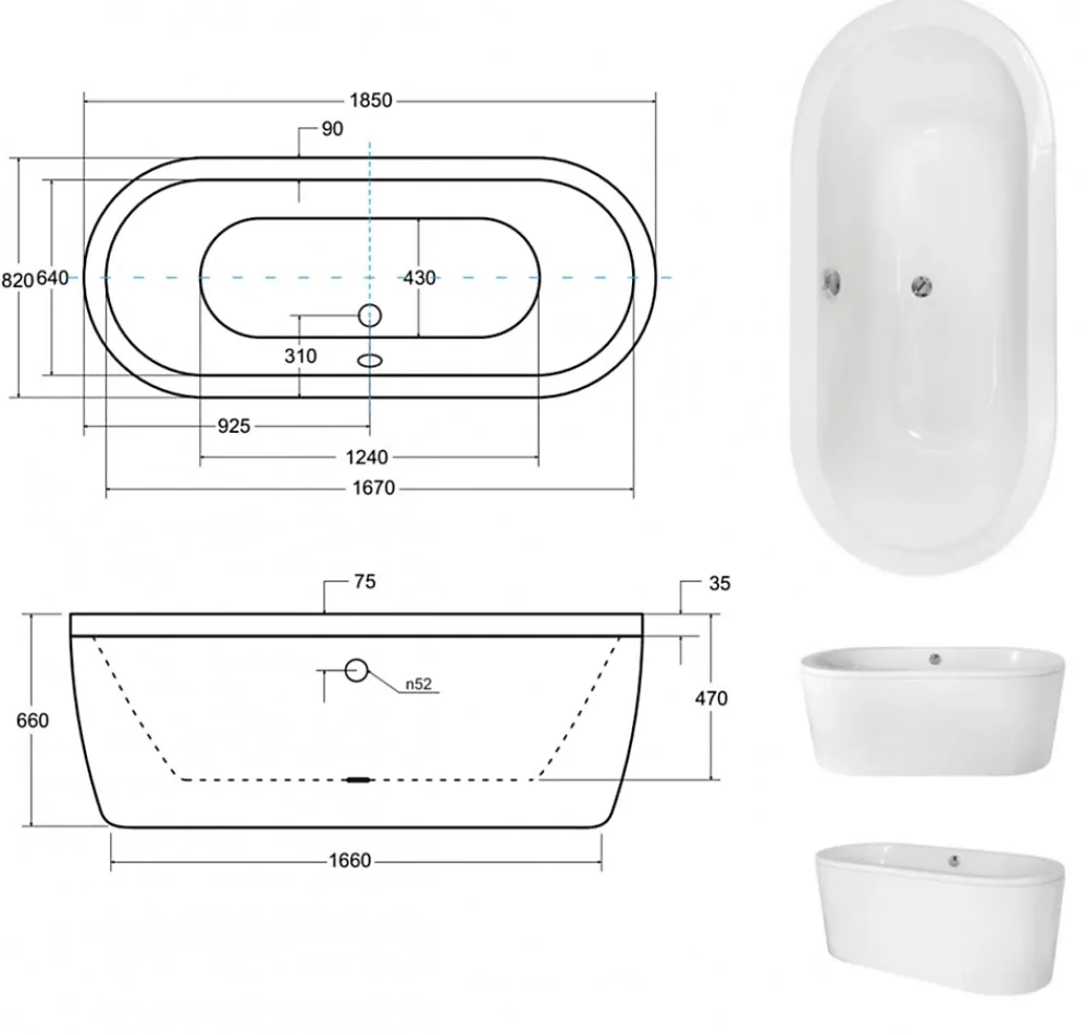Baignoire Îlot|Azura Home Design Baignoire îlot VICTORIA - 185 x 83 cm
