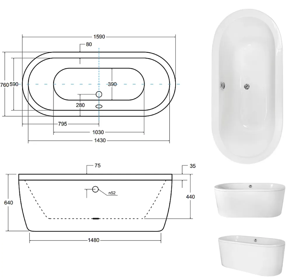Azura Home Design Baignoire îlot VICTORIA - 160 x 75 cm