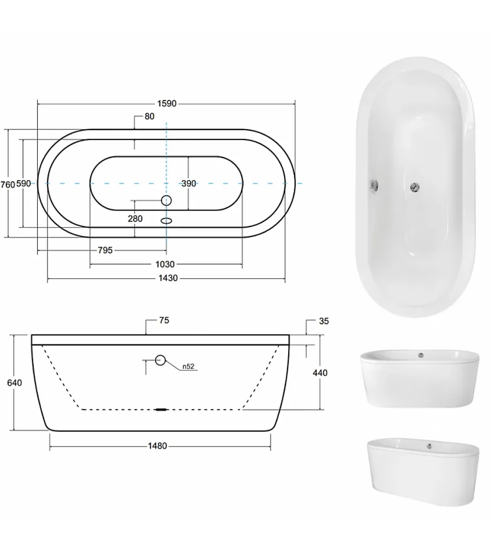 Azura Home Design Baignoire îlot VICTORIA - 160 x 75 cm