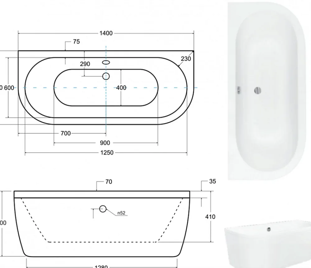 Baignoire Îlot|Azura Home Design Baignoire îlot VISTA 140/- 140 x 75 cm